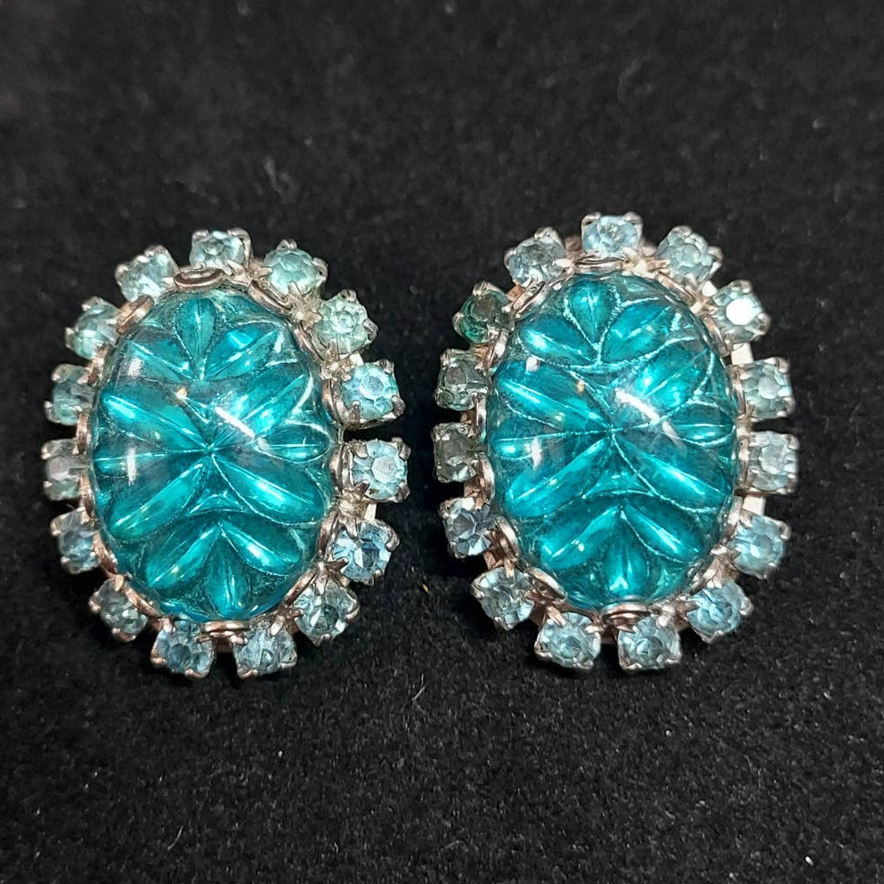 Vintage Signed Judy Lee Blue Rhinestone Clip On Earrings
